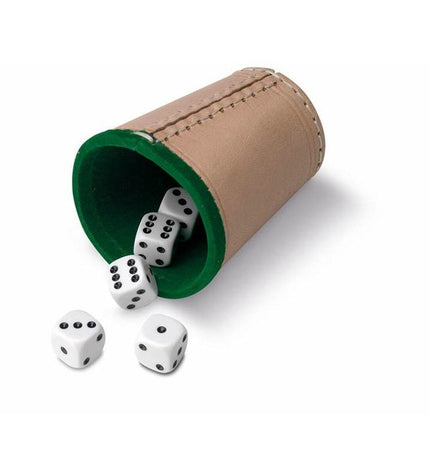 Cayro poker dice cup with colorful plastic dice for games and entertainment, used for playing poker and dice games.