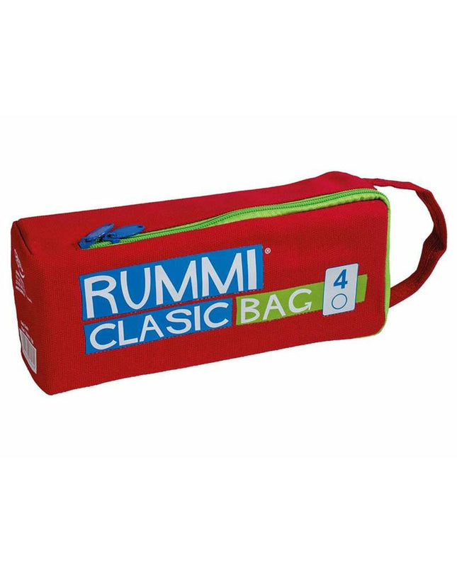 Cayro Rummiclassic board game with colorful tiles and wooden game pieces on a playing surface, ideal for family game nights.
