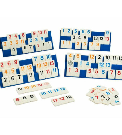Cayro Rummiclassic board game with colorful tiles and game pieces on a wooden table, designed for family fun and strategic play.