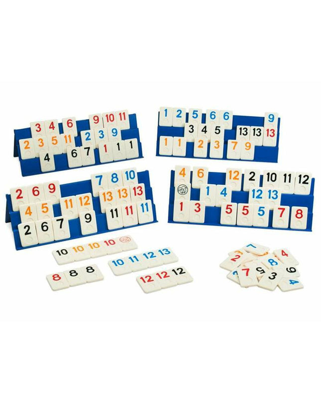 Cayro Rummiclassic board game with colorful tiles and game pieces on a wooden table, designed for family fun and strategic play.