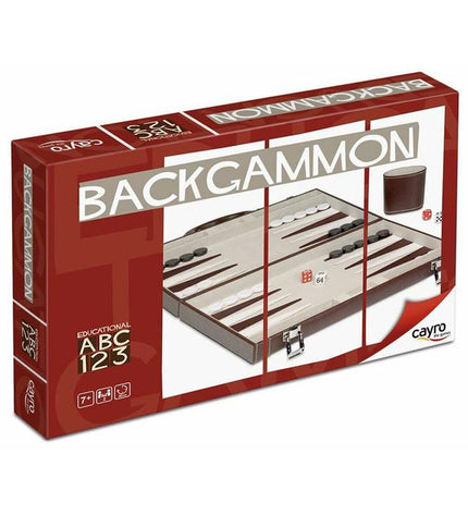 Cayro Backgammon game set with wooden board, checkers, and dice for classic tabletop gameplay.