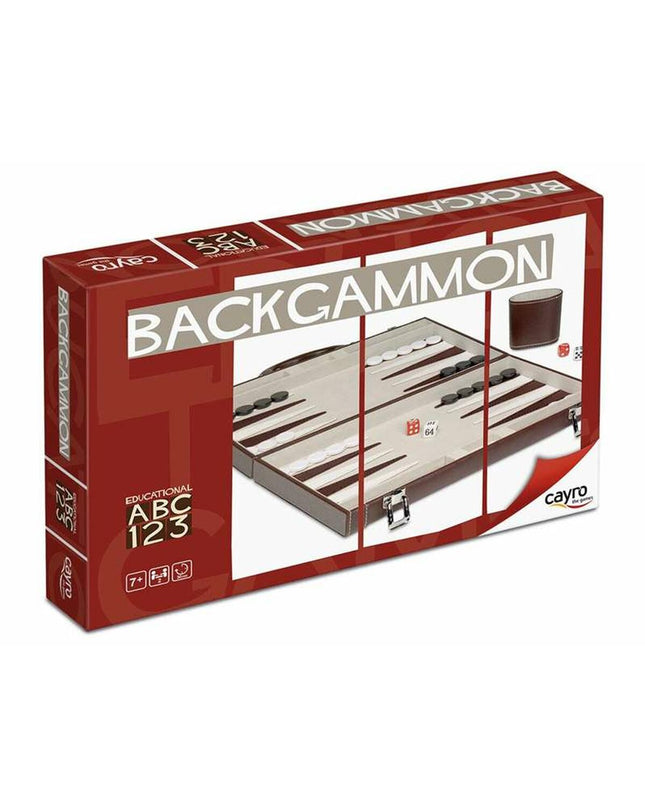 Cayro Backgammon game set with wooden board, checkers, and dice for classic tabletop gameplay.