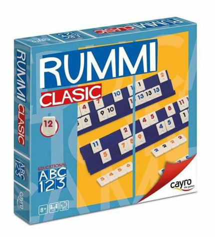 Cayro Rummi Classic board game with colorful tiles and game pieces on a wooden surface, suitable for family gameplay.