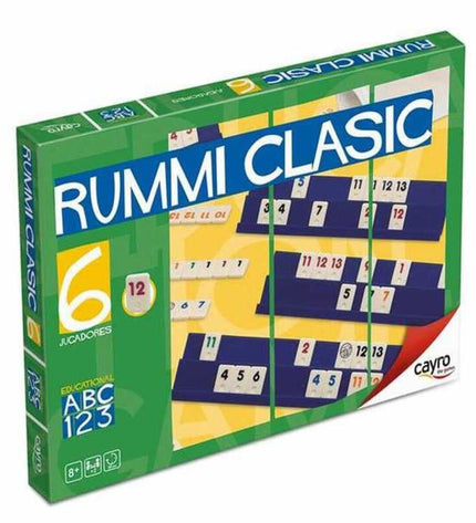 Cayro Rummi Classic board game with colorful tiles and game pieces on the game box for family entertainment.