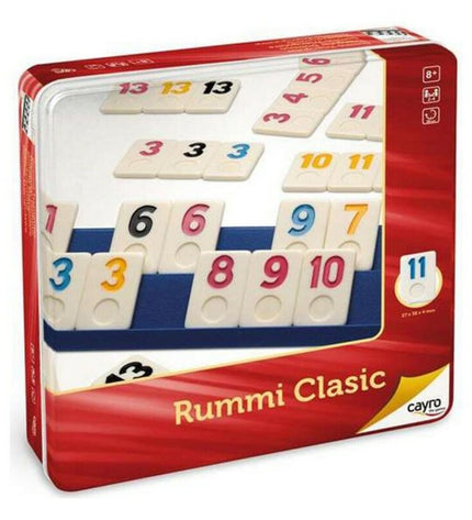 Cayro Rummi Classic board game with colorful tiles on a 27x27 cm game board, ideal for family and friends gameplay.