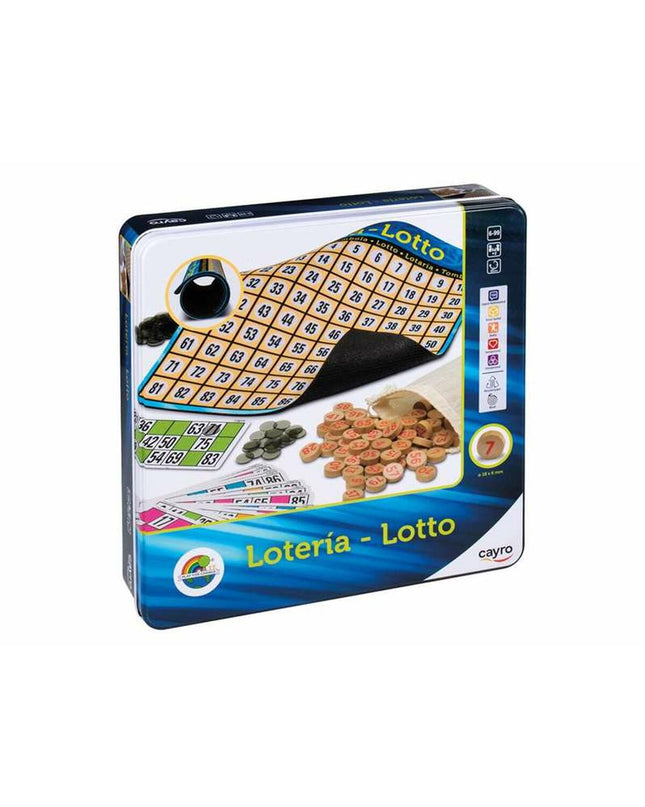 Cayro Bingo game set featuring colorful bingo cards, tokens, and calling device for fun group play.