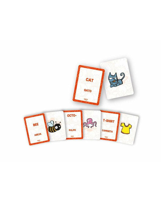 Cayro Ik leer Engels Spel, educational language game with colorful game pieces and cards for learning English vocabulary.