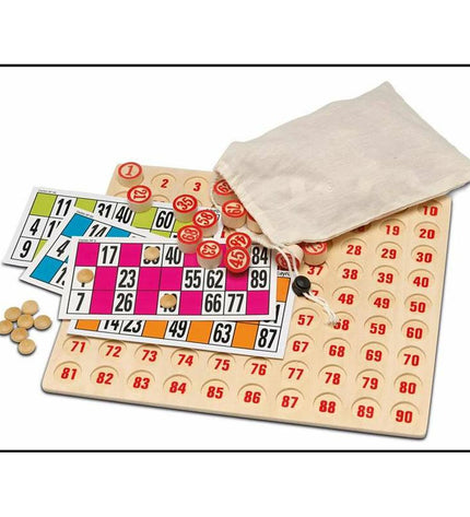 Cayro Bingo game set with colorful bingo cards and numbered calling chips for children’s recreational play.