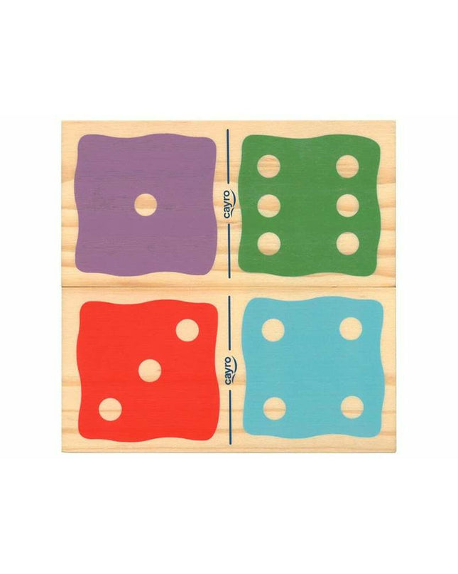 Cayro Domino game set with rectangular tiles featuring black dots, stacked on a white surface for playing and fun.