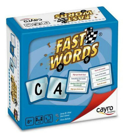 Cayro Fast Words board game for kids, featuring colorful game pieces and cards for word-building fun.