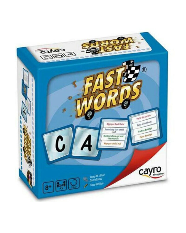 Cayro Fast Words board game for kids, featuring colorful game pieces and cards for word-building fun.