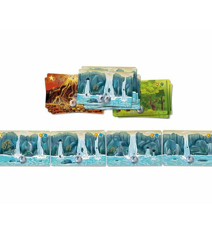 Cayro Elemental Duel board game with colorful cards and game pieces for two players, designed for kids and family fun.