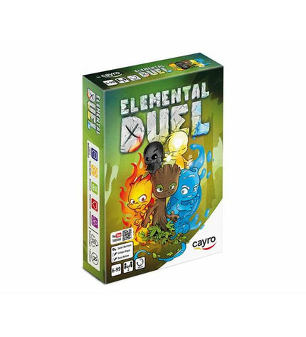 Cayro Elemental Duel board game with colorful cards and game pieces on a wooden surface.