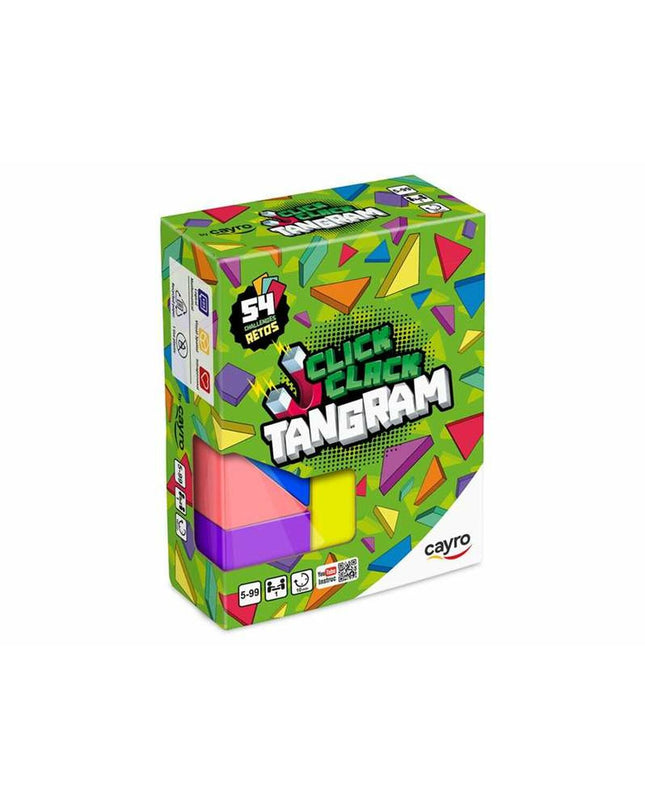 Cayro Click Clack Tangram toy with colorful geometric pieces arranged on a white surface for educational play.