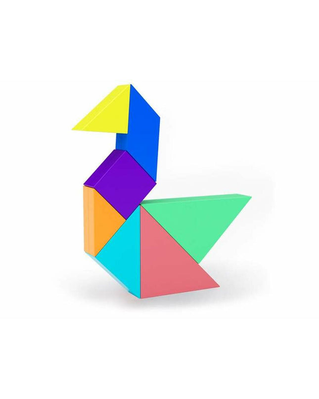 Cayro Click Clack tangram toy with colorful geometric pieces arranged on a white background.