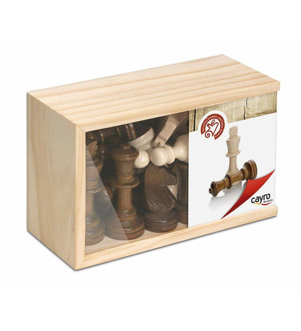 Cayro chess pieces set with wooden-style Staunton design, including king, queen, bishops, knights, rooks, and pawns on a game board.