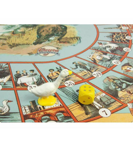 Ganzenbord game by Cayro, colorful wooden board game for family fun, featuring numbered squares and game pieces.