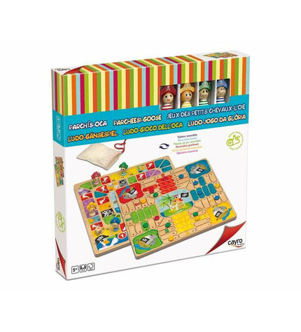 Cayro Parchis en Oca game board, 29x29 cm, colorful wooden game with dice and playing pieces for family fun.