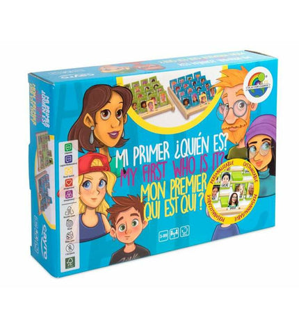 Cayro wooden game "¿Quién es quién?" with 25x18x33 cm size, featuring colorful character cards and game pieces.