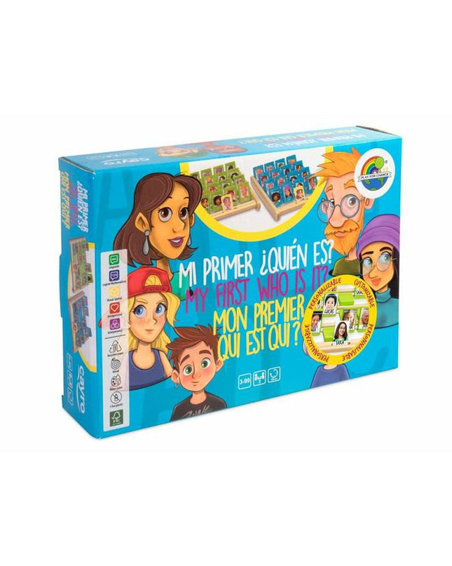 Cayro wooden game "¿Quién es quién?" with 25x18x33 cm size, featuring colorful character cards and game pieces.