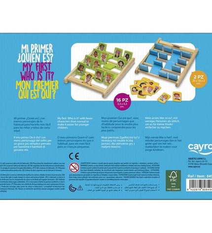 Cayro Houten Quien es Quien game, wooden guessing game with character boards, measuring 25x18x33 cm, for family play.