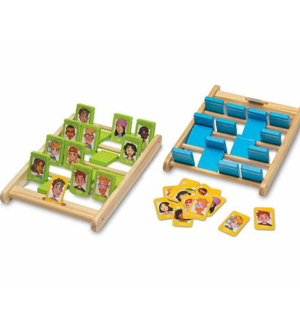 Cayro Quien es quien wooden guessing game box with illustrated game characters and wooden game pieces inside.