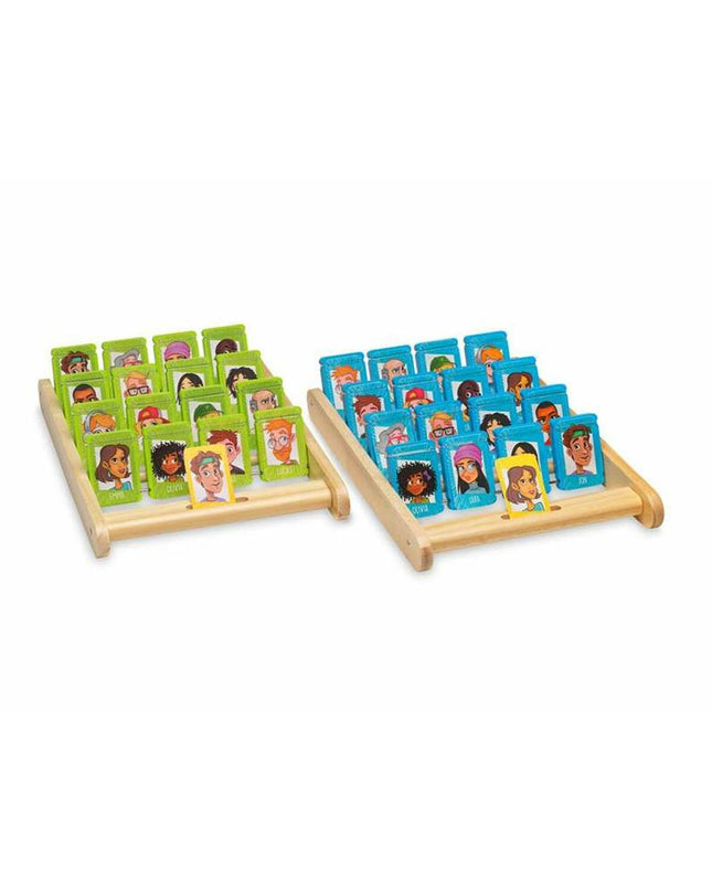 Cayro Quien es quien wooden game box, 25x18x33 cm, featuring colorful character illustrations for fun guessing game.