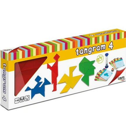 Cayro Tangram brain teaser puzzle game with colorful geometric shapes for children and adults to solve.