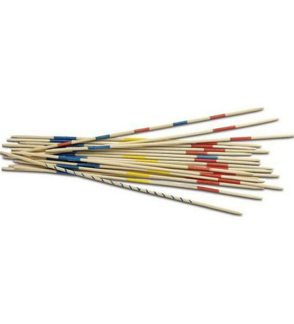 Cayro Mikado game set with colorful wooden sticks on a white background, 32 x 6 cm, for playing and stacking fun.