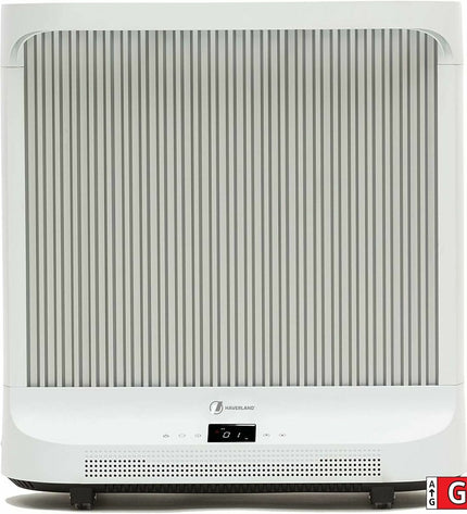 Haverland IDK1 white and gray digital heater, 2000W, portable home and kitchen appliance with control icon on display screen.