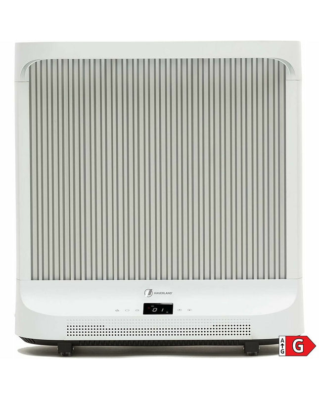 Haverland IDK1 white and gray digital heater, 2000W, portable home and kitchen appliance with control icon on display screen.