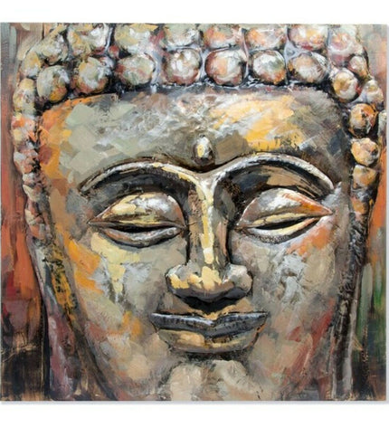 Decorative Boeddha wall art by DKD Home Decor, featuring a wooden and metal oriental-style Buda sculpture, 80x80 cm.