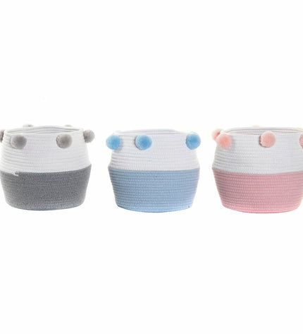 DKD Home Decor basket spelset with pompons, 30x30x26 cm, wooden handle for home decor and bathroom use.