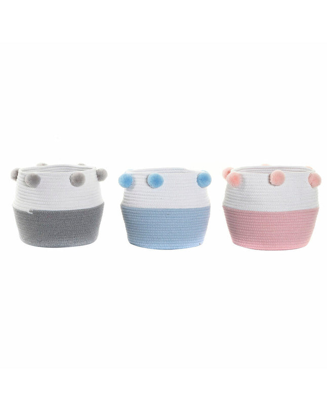 DKD Home Decor basket spelset with pompons, 30x30x26 cm, wooden handle for home decor and bathroom use.