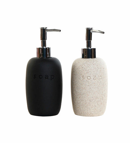 Two DKD Home Decor ceramic soap dispensers with a Scandinavian design, 8x8x18 cm, suitable for bathroom and kitchen.