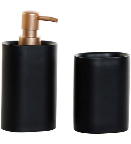 Pair of DKD Home Decor black and gold PVC resin bathroom accessories in a glam style, 8.5 x 6 x 18 cm, set of 2.