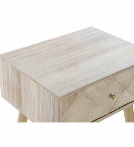 DKD Home Decor metal nightstand with pine tree design, measuring 45 x 34 x 67 cm, in a modern house and kitchen setting.
