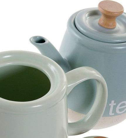 Set of two DKD Home Decor ceramic teapots in blue and green, 1L capacity, ideal for house and kitchen tea serving.