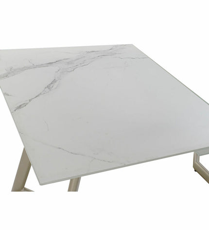 DKD Home Decor glass and gold metal dining table with white finish, 140x80x76 cm, modern kitchen and home furniture.