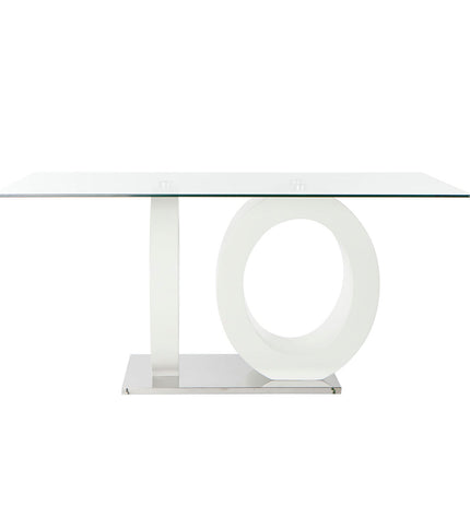 Rectangular DKD Home Decor dining table with transparent glass top, wooden legs, and MDF support, measuring 160x90x75 cm.