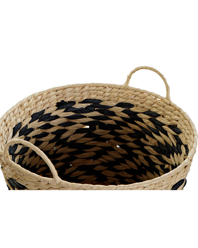 Set of three DKD Home Decor storage baskets in black and light brown natural fiber for home organization and kitchen use.
