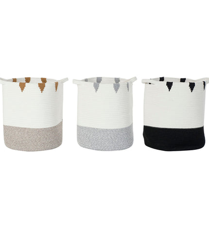 Set of three DKD Home Decor storage boxes in white, black, gray, and mustard for home organization and kitchen use.