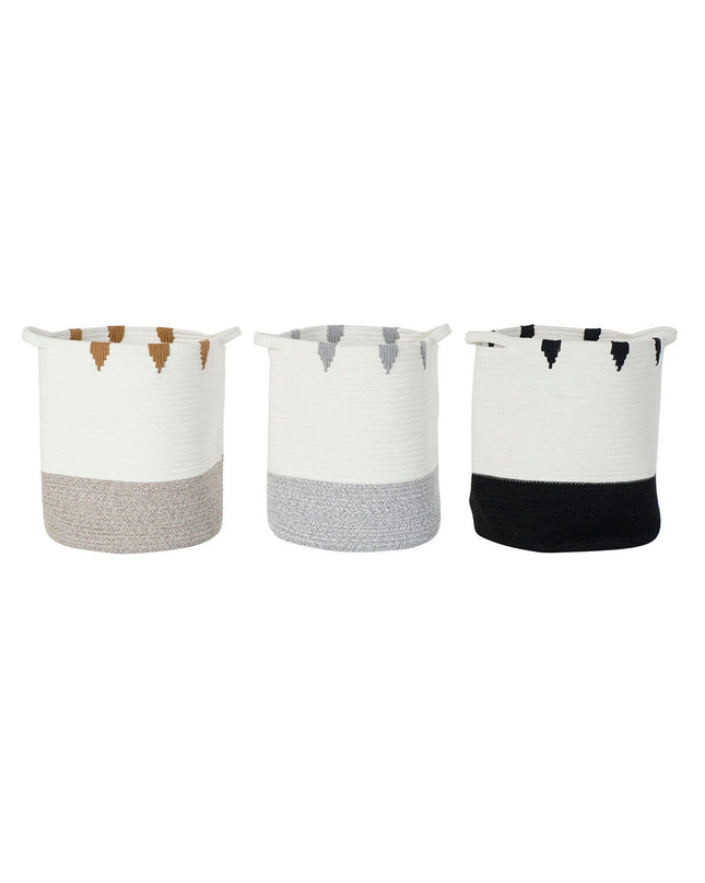 Set of three DKD Home Decor storage boxes in white, black, gray, and mustard for home organization and kitchen use.