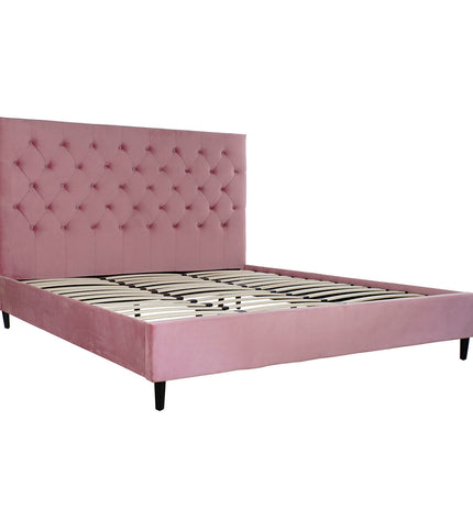 DKD Home Decor pink metal bed frame with wooden accents, 180 x 200 cm, shown in a stylish bedroom setting.