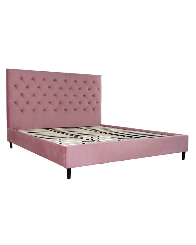 DKD Home Decor pink metal bed frame with wooden accents, 180 x 200 cm, shown in a stylish bedroom setting.