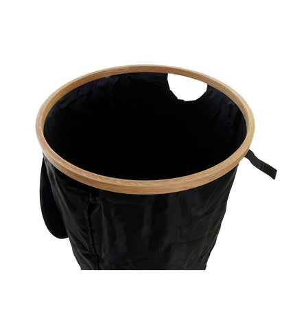 DKD Home Decor black felt laundry basket with wooden handles, 44x44x57 cm, for home organization and storage.