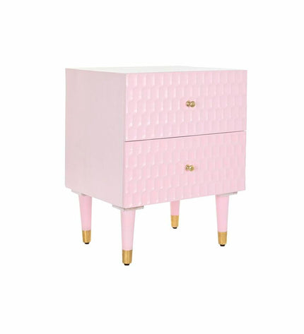Light pink metal nightstand with mango wood top, DKD Home Decor, 52x42x65 cm, in a bedroom setting.