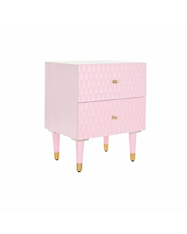 Light pink metal nightstand with mango wood top, DKD Home Decor, 52x42x65 cm, in a bedroom setting.
