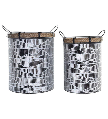 DKD Home Decor woven basket set with black, white, and brown tones, made of iron and rope, ideal for home storage and organization