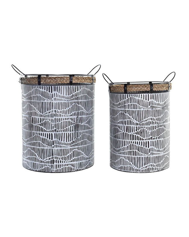DKD Home Decor woven basket set with black, white, and brown tones, made of iron and rope, ideal for home storage and organization